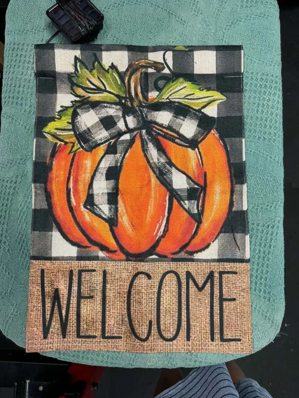 Fall Pumpkin Welcome Garden Flag with Buffalo Check Plaid and Solar Lights